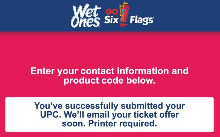 Six Flags Kids Ticket Offer from Wet Ones