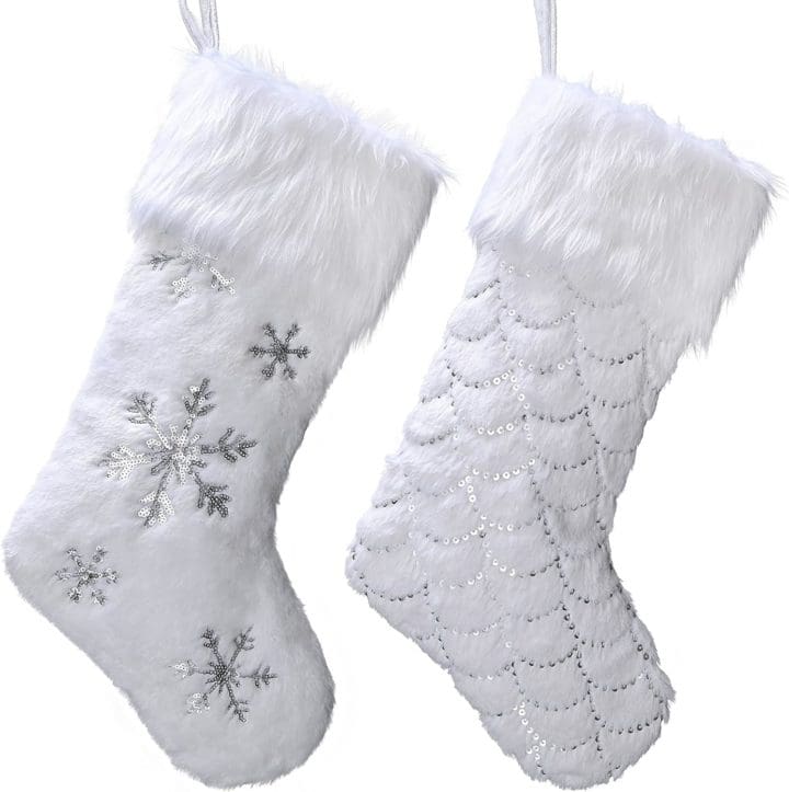 Amazon Valery Madelyn Inch White Christmas Stocking Pack Exquisite Plush Personalized Fireplace Snowflake Embroidery Hanging Stockings for Holiday Party Christmas Decorations and Xmas Gifts