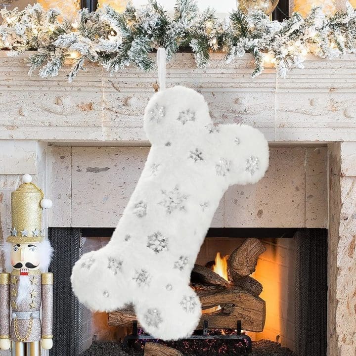 Senneny Snowy White Plush Pet Dog Christmas Stocking Silver Snowflake Sequin Dog Christmas Stockings Large Bone Shape Faux Fur