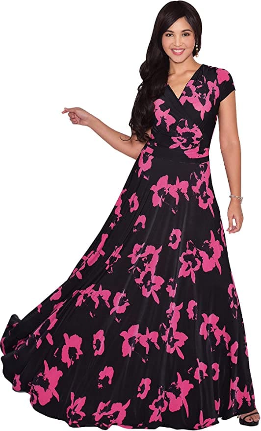 KOH KOH Womens Short Cap Sleeves Abstract Flower Print Long Maxi Dress Gown