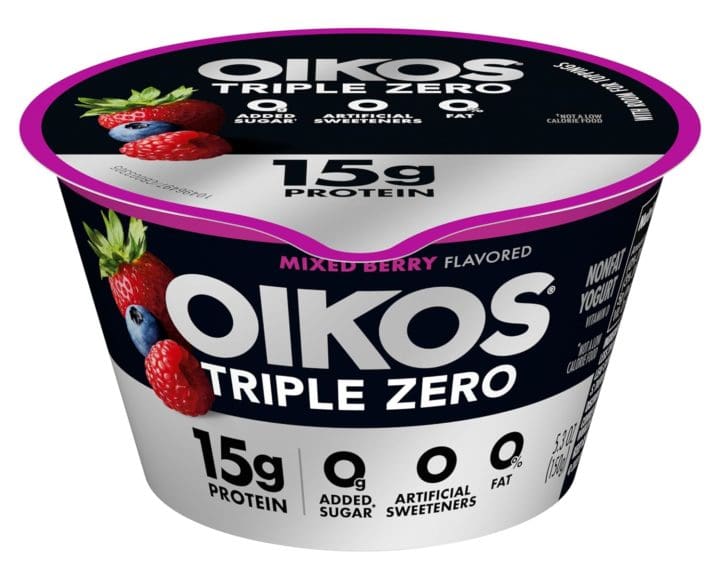 Oikos Triple Zero Mixed Berry Nonfat Greek Yogurt % Fat g Added Sugar and Artificial Sweeteners Just Delicious High Protein Yogurt OZ Cup